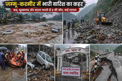जम्मू-कश्मीर में मूसलाधार बारिश का कहर: बाढ़, भूस्खलन और बादल फटने से भारी तबाही